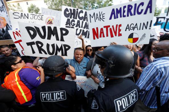 Victor Cristobal chants during a demonstration outside a campaign rally for Republican U.S. presidential candidate Donald Trump in San Jose