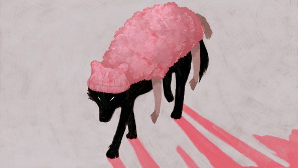 Μαύρος λύκος ντυμένος σαν ροζ πρόβατο